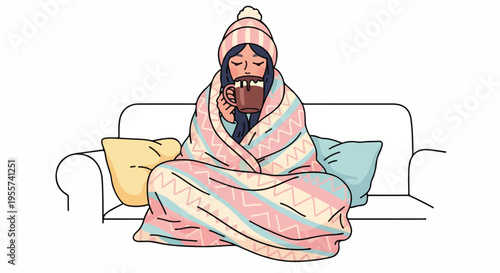 Woman Wrapped in Blanket Drinking Hot Chocolate on Sofa Illustration