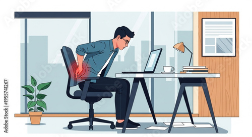 A man sitting at a desk in an office with back pain