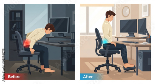 An office worker experiences improved posture and reduced back pain with an ergonomic chair
