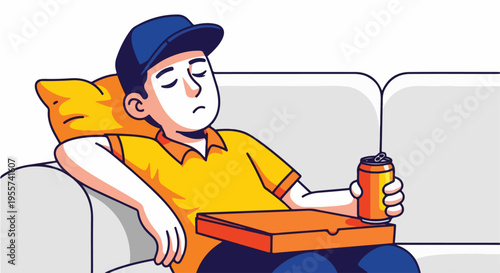 Tired Delivery Man or Courier Sleeping on Sofa with Pizza Box and Soda Illustration