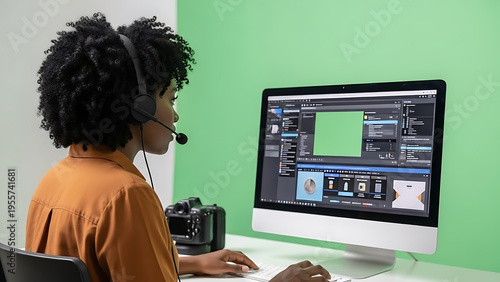Dynamic neon play button and 'STUDIO' text sign glowing brightly on a textured dark brick wall, symbolizing digital content creation and media production