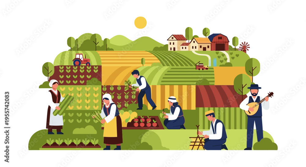 Fototapeta premium Sustainable Farming and Harvest Community Flat Design Vector Illustration. Farmers in Traditional Clothes Working in Agricultural Fields.