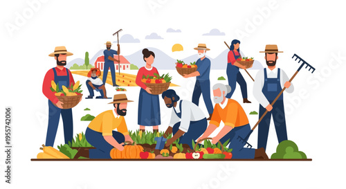 Diverse Group of Farmers Harvesting Autumn Crops. Community Teamwork in Organic Agriculture and Sustainable Farming Vector Illustration.