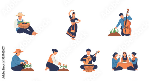 Southeast Asian Traditional Lifestyle Icons Set. People farming, dancing, playing music, and communal eating. Vector illustration.