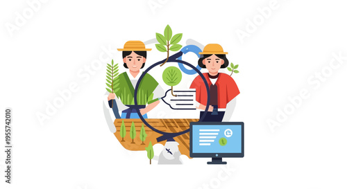 Smart Farming Technology and Crop Data Analysis by Female Agricultural Scientists. Precision Agriculture Illustration.