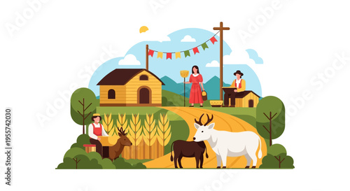 Traditional Harvest Festival Illustration: Rural Scene with Farmers, Cabin, Wheat Field, and Livestock in a Flat Vector Style.
