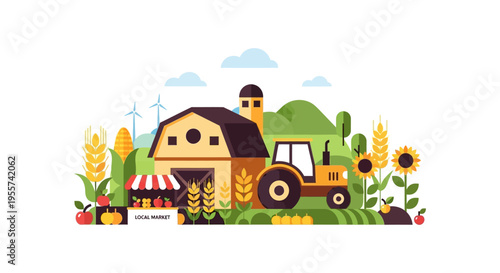 Flat Design Farm Scene Vector Illustration: Barn, Tractor, Local Market, Sustainable Agriculture, and Harvest Season.