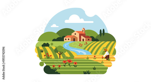 Flat Design Farm Landscape Vector Illustration. Rural scene with traditional farmhouse, rolling hills, cultivated fields, river, and a working farmer.