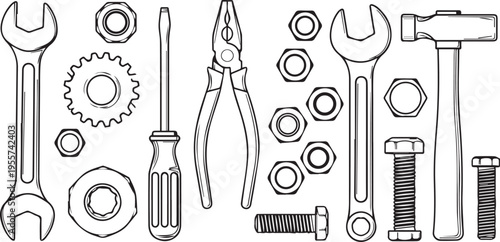 Industrial Hand Tools and Fasteners Line Art Vector Set