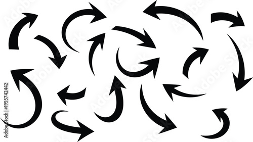 A complex pattern of curved black arrows on a white background