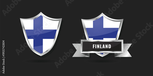 High-quality 3D metallic shield and ribbon featuring the national flag of Finland (Suomi), designed for sports, travel, and patriotic identity icons