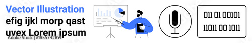 Data analysis, technology, presentations, AI voice recognition, programming, communication tools. Person analyzing data charts and binary code with a microphone. Data analysis and technology usage