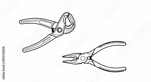 Pliers and Water Pump Pliers Hand Tools Outline Vector Set