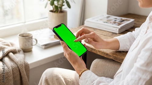 Woman using a smartphone with a blank green screen mockup in a cozy home office