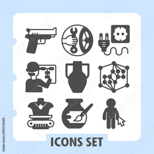 Set of nine clean glyph icons representing gun safety, global industry, energy efficiency, chemistry research, detective work, laboratory experiments, weight training, perfume for web interfaces.