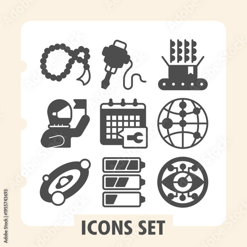 Set of nine modern glyph icons depicting gears, tools, vehicles and tech components ideal for web or mobile UI enhancing user experience with industrial themes.
