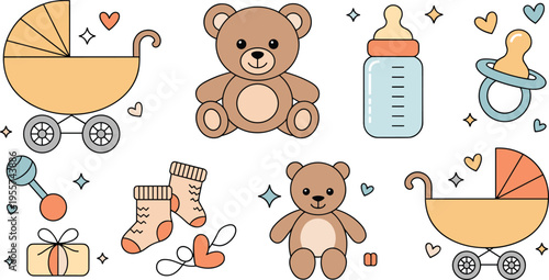 Cute, baby, nursery, illustration, set, teddy, bear, stroller, bottle, pacifier, socks, rattle, gift, pastel, vector, cartoon, newborn, toys, collection, design