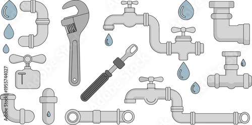 Plumbing, tools, pipes, faucet, wrench, repair, maintenance, water, leakage, valve, system, pipework, illustration, construction, equipment, service, handyman, industrial, diagram, utility