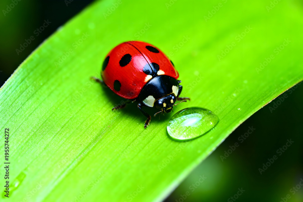 Fototapeta premium Ladybug and Dewdrop on Leaf: A vibrant ladybug with its iconic red and black shell perches delicately on a fresh, green leaf, beside a glistening dewdrop.
