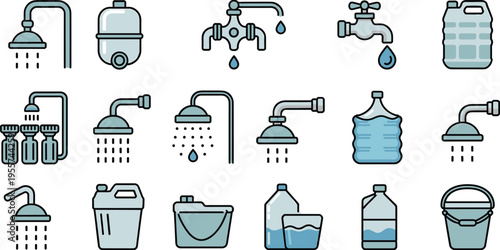 Water, icons, set, shower, faucet, container, bottle, bucket, tank, plumbing, hygiene, supply, clean, minimalist, line, vector, illustration, system, design, collection