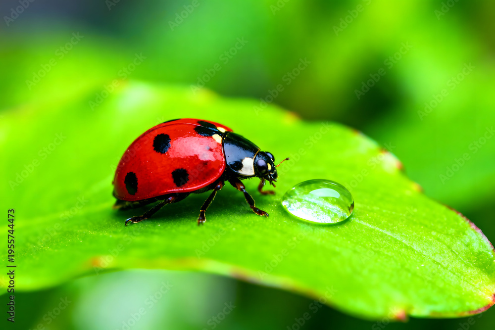 Obraz premium Ladybug and Dewdrop Harmony: A vibrant ladybug with its signature red and black markings rests beside a glistening dewdrop on a lush green leaf, capturing the essence of spring's delicate beauty. 