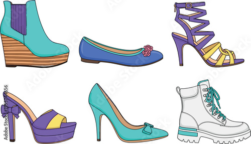 Women Shoes Collection Set Featuring Boots Heels Flats Sandals and Platform Footwear in Colorful Fashion Style Vector Illustration