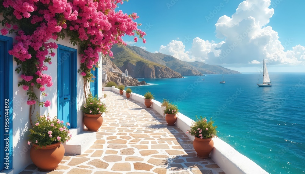 Fototapeta premium White house with blue doors overlooks blue sea and mountains. Pink flowers bloom on balcony walkway. Sailboats glide on ocean water under bright sunny sky. Island village scene.