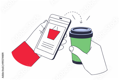 Two hands holding a smartphone with shopping bag icon and a coffee cup, representing mobile shopping on the go concept. Vector illustration.