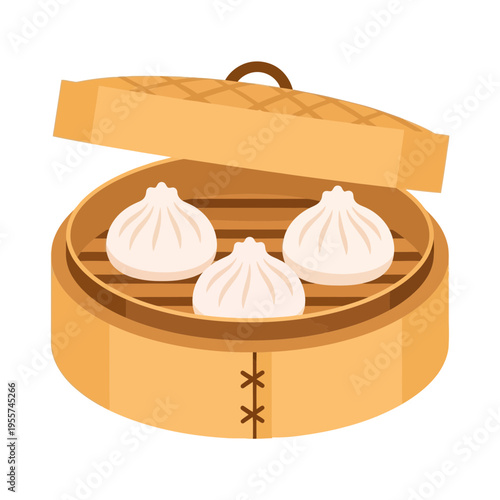Steamed dumplings in a bamboo steamer.