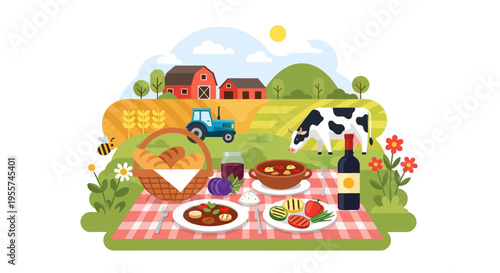 Farm to Table Picnic Illustration with Fresh Organic Food, Wine, and Countryside Landscape. Sustainable Rural Lifestyle Concept