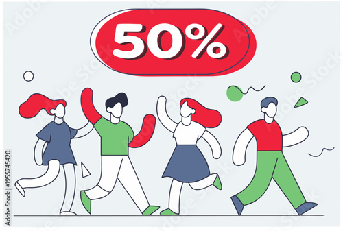 People hurry run for 50 percent off flash sale. Men and women rush to shop discount. Urgency retail promotion. Outline flat vector illustration