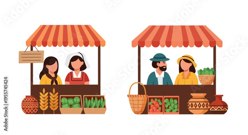 Farmers Market Stalls with Vendors Selling Fresh Produce, Vegetables, and Artisan Goods - Flat Vector Illustration