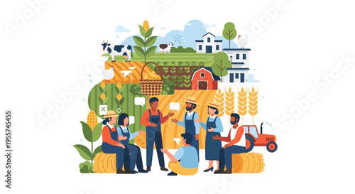 Diverse Farmers Collaboration in Sustainable Agriculture. Rural Community Meeting on Farm with Crops, Livestock, and Tractor.