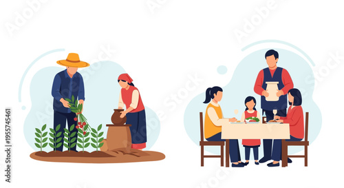 From Farm to Table: Harvesting Produce and Family Dining. Food Production & Consumption Journey Vector Illustration