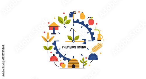 Agricultural Precision Timing Clock Icon. Smart Farming, Crop Management & Seasonal Harvest Planning Concept with Garden Elements