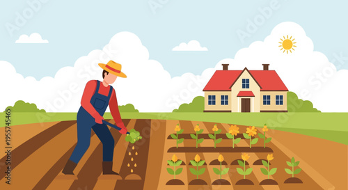 Farmer Watering Garden Beds with Farmhouse in Background - Agriculture Vector Illustration