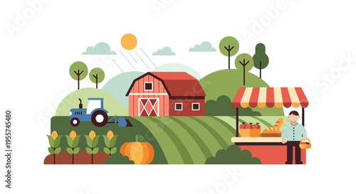 Farm to Market Illustration: Fresh Produce, Rural Landscape, and Sustainable Agriculture Concept