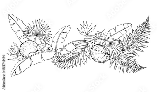 Hand drawn tropical foliage pattern with palm banana and fern leaves Hawaii style vector illustration