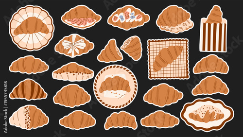 Modern retro vector sticker set of french croissants with berries, chocolate, on plate and napkin. Hand drawn icons with white stroke for bakery planner, cafe journal, pastry shop digital scrapbooking
