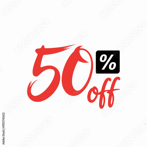 Red fifty percent off discount sign with white background