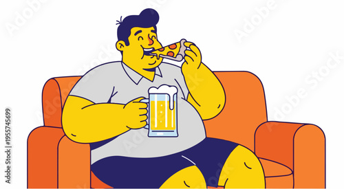 Overweight Man Eating Pizza and Drinking Beer on Sofa Illustration