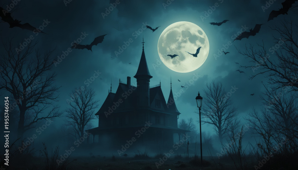 Fototapeta premium A spooky Halloween night background featuring a haunted castle and house silhouette on a hill against a dark sky with a full moon, flying bats, and scary trees in a holiday vector illustration