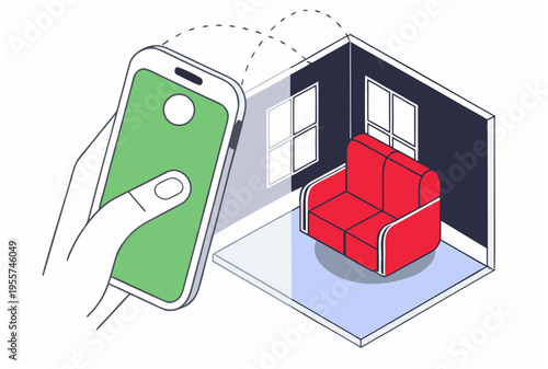 Hand holding smartphone showing AR furniture try-on of a red sofa in a room. Augmented reality concept. Isometric vector illustration