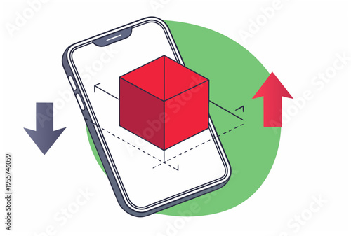 Smartphone with red 3d cube and arrows. AR furniture and decor try-on, augmented reality concept. Vector icon for virtual try-on technology
