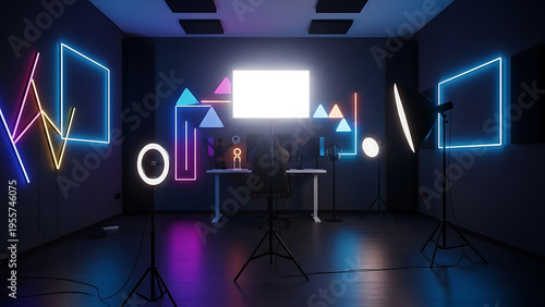 Dynamic neon play button and 'STUDIO' text sign glowing brightly on a textured dark brick wall, symbolizing digital content creation and media production