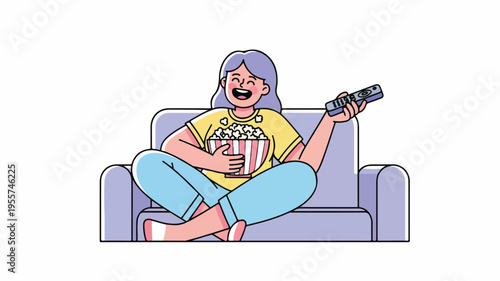 Happy Woman Watching TV with Popcorn on Sofa Illustration