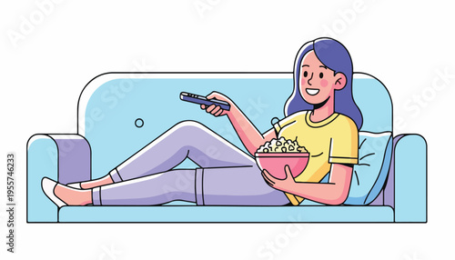 Happy Woman Relaxing on Sofa Watching TV with Popcorn Illustration