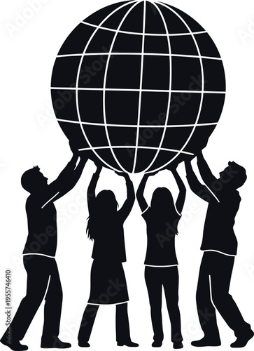 A black silhouette of four diverse people standing together and holding up a large globe structure