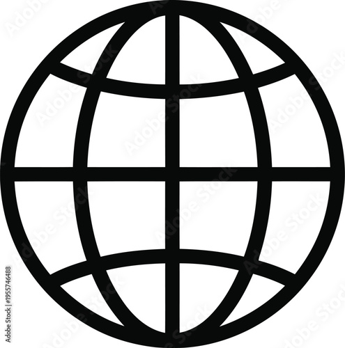 A minimalist black and white line art graphic representing a globe with longitude and latitude lines
