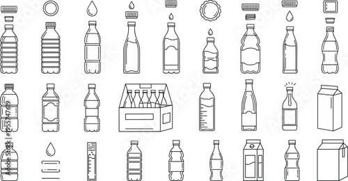 Sustainable Beverage Packaging and Liquid Bottle Icon Set Featuring Plastic Water Bottles, Glass Containers, Milk Cartons, and Fluid Measurement Vector IllustrationsPrint
